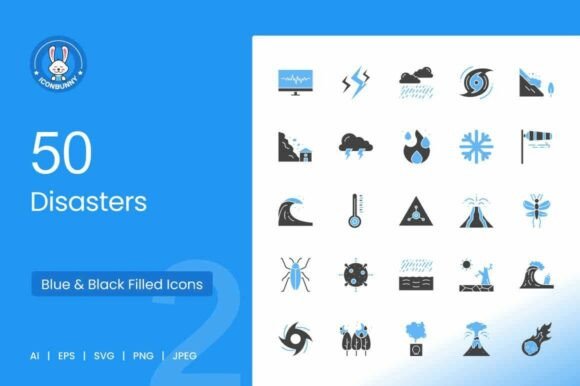 50 Disasters Blue Black Icons for Graphics and Icons