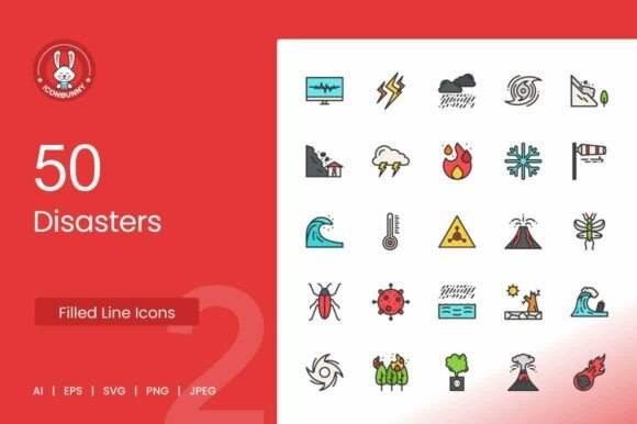 50 Disasters Filled Line Icons for Graphics and Icons