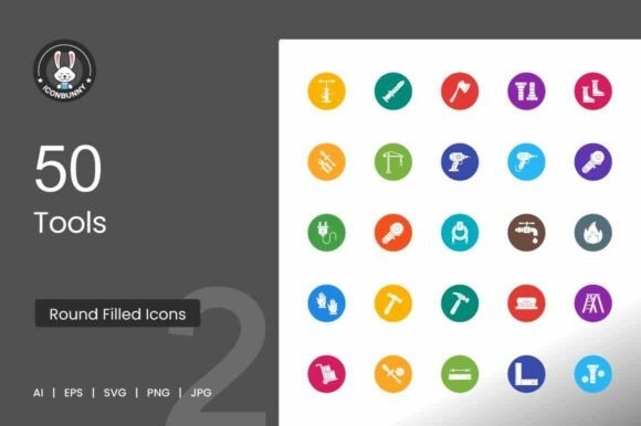 50 Tools Flat Round Icons for Graphics and Designs
