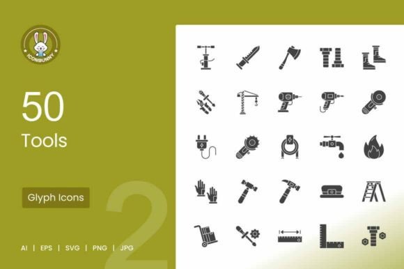 50 Tools Glyph Icons for Modern Graphics and Branding