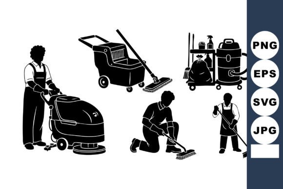 Monochrome Janitor Silhouette Icons for Crafts and Graphics
